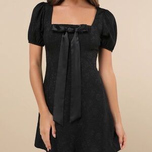 Lulus Polished Sweetie Black Jacquard Bow Puff Sleeve Mini Dress